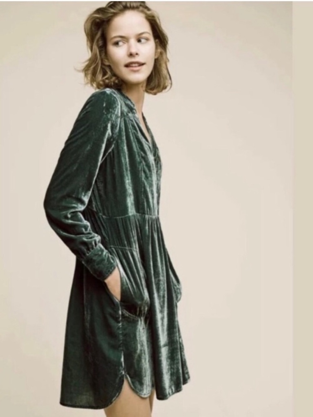 Anthropologie Dress Green Crushed Velvet Holding Horses Boho Prairie Large L